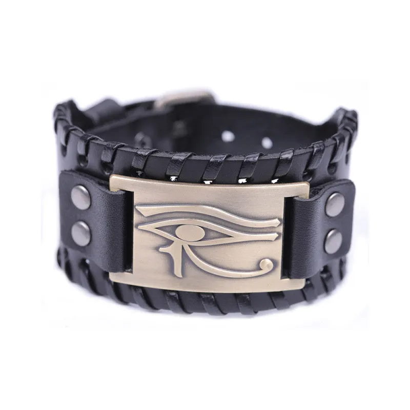 Round leather bracelet with Long Eye alloy accent for men in ancient bronze finish