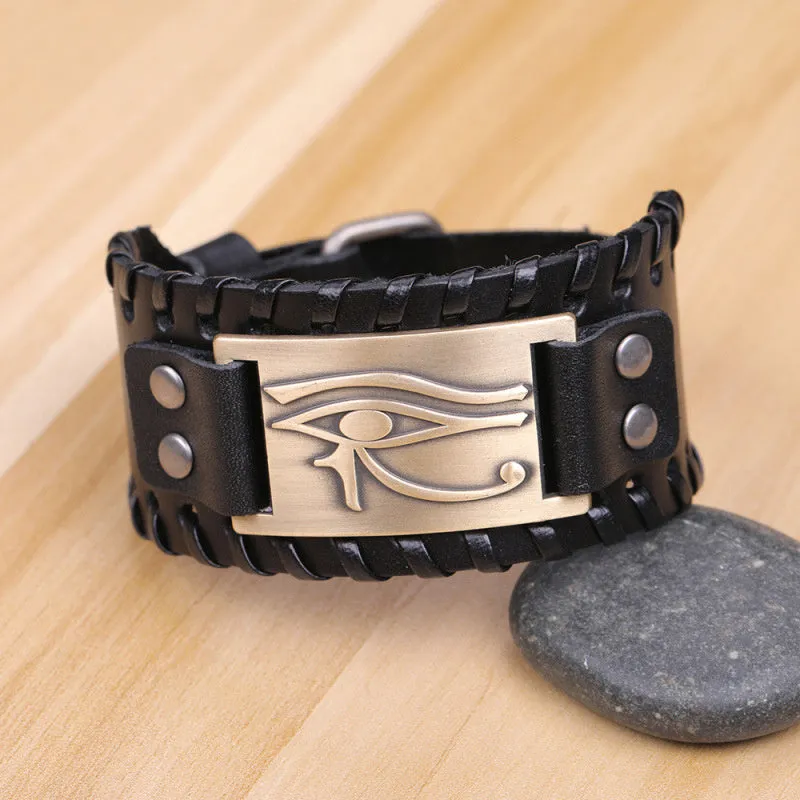Round leather bracelet with Long Eye alloy accent for men in ancient bronze finish