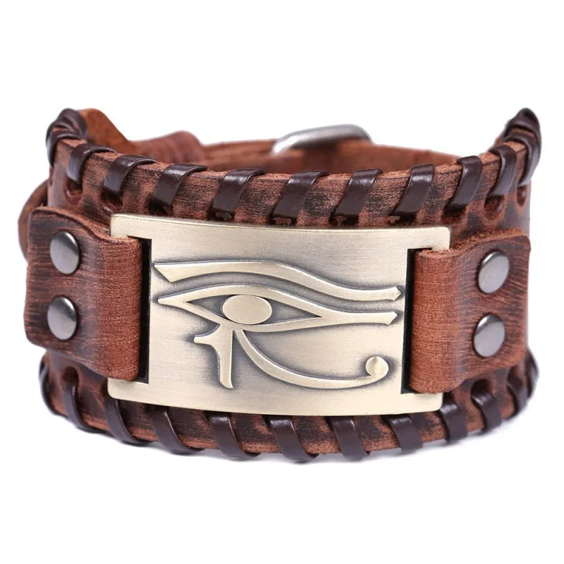 Round leather bracelet with Long Eye alloy accent for men in ancient bronze finish
