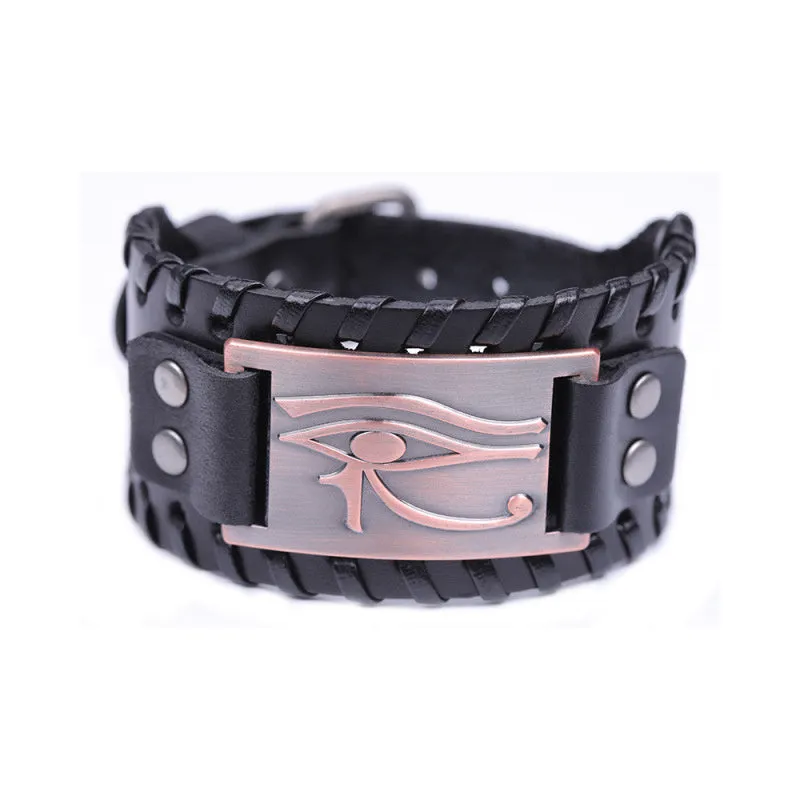 Round leather bracelet with Long Eye alloy accent for men in ancient bronze finish
