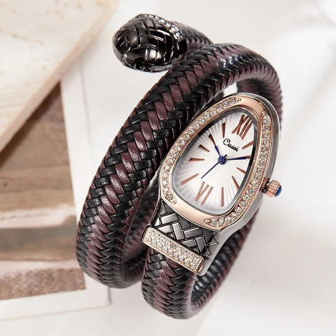 Snake fashion quartz watch for women with diamond accent and leather strap in black brown