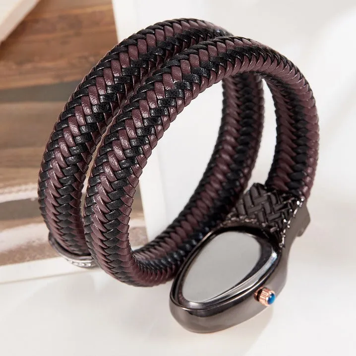 Snake fashion quartz watch for women with diamond accent and leather strap in black brown