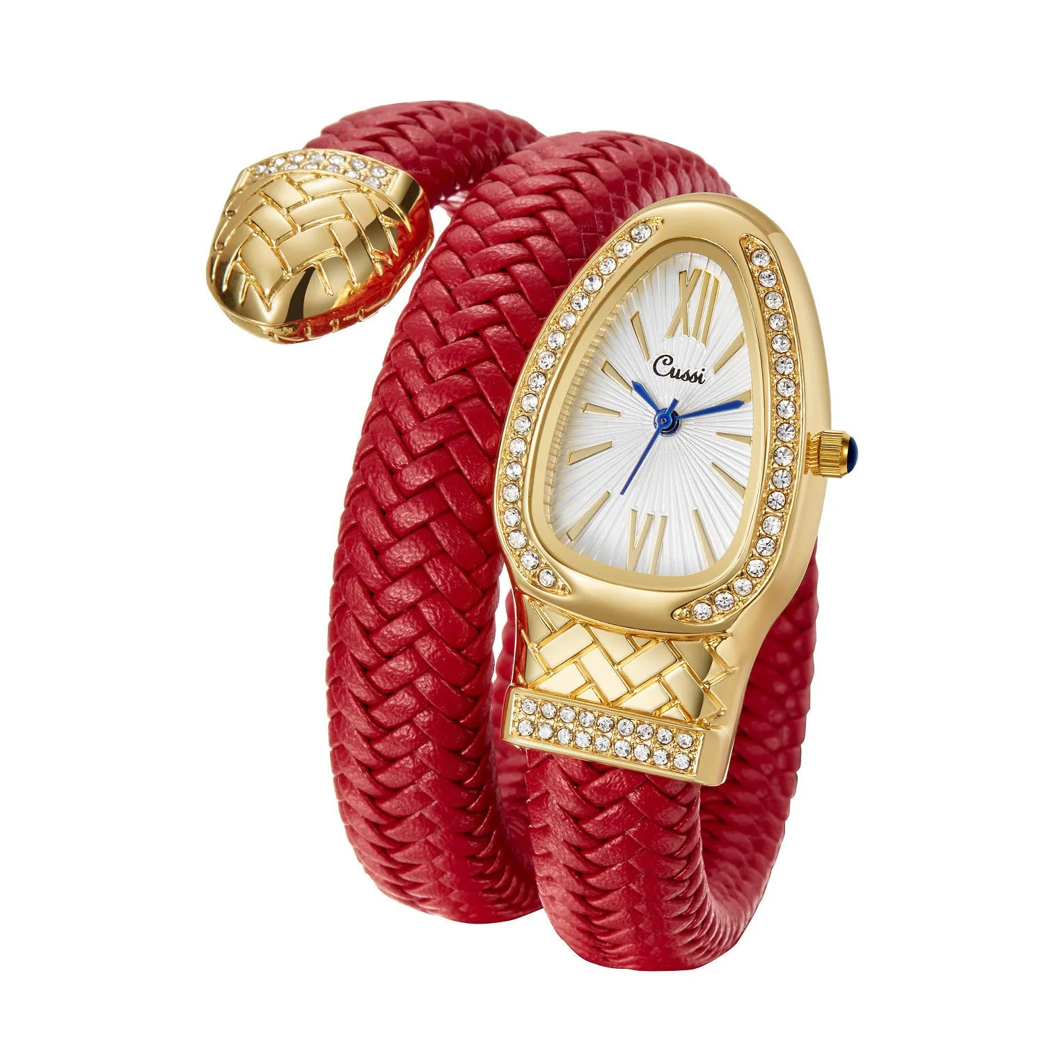 Snake fashion quartz watch for women with diamond accent and leather strap in black brown