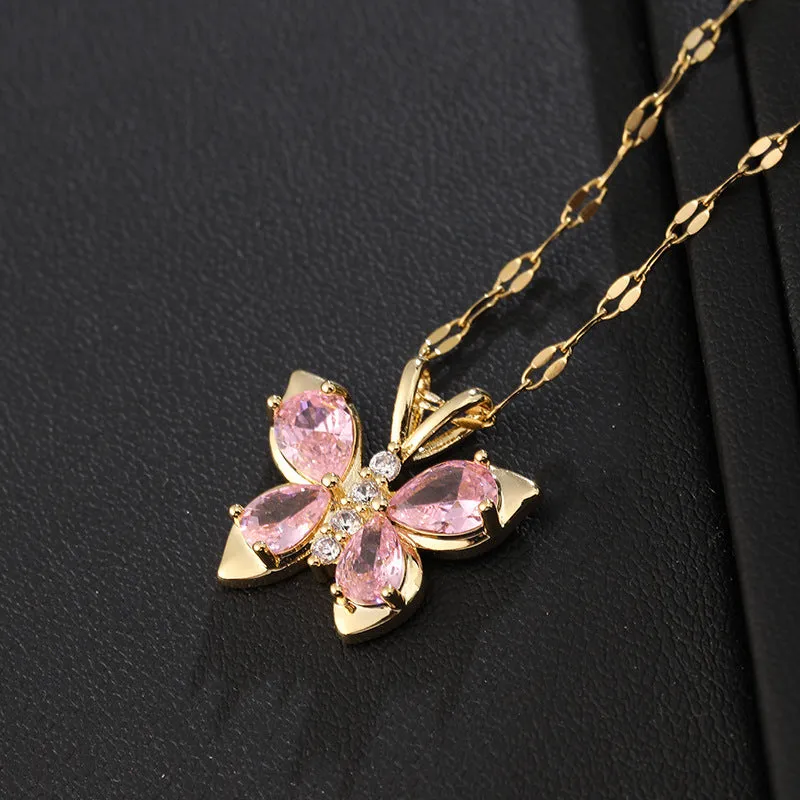Titanium steel necklace with pink diamond butterfly pendant on O chain, anti-fade jewellery for women