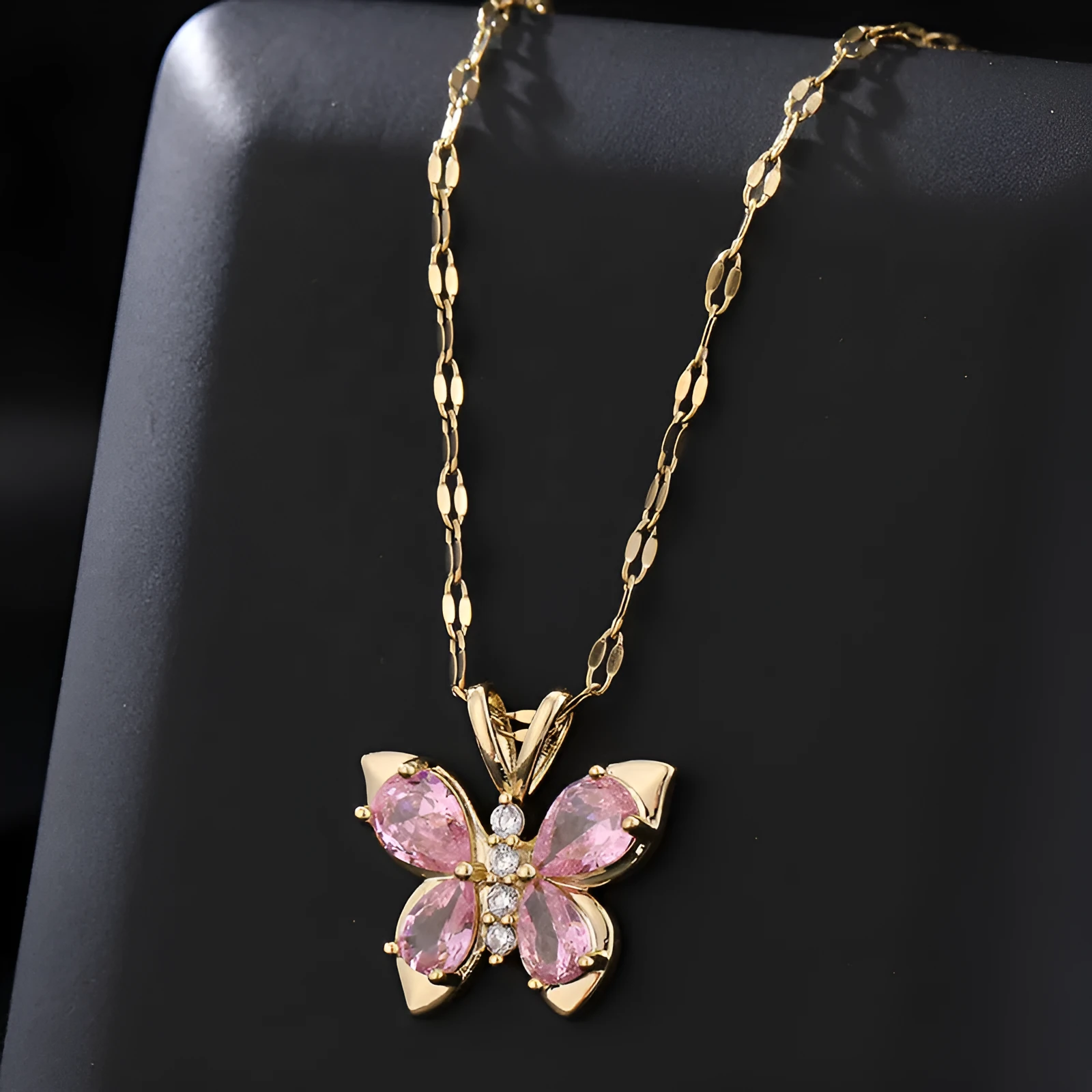 Titanium steel necklace with pink diamond butterfly pendant on O chain, anti-fade jewellery for women
