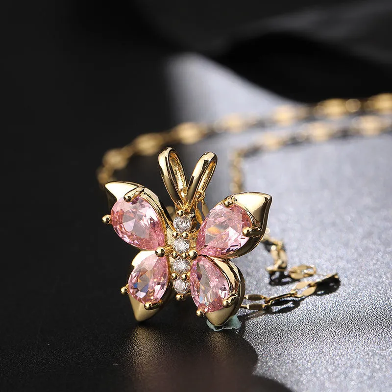 Titanium steel necklace with pink diamond butterfly pendant on O chain, anti-fade jewellery for women