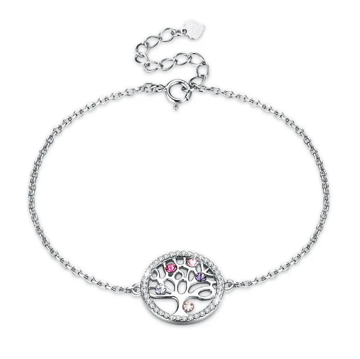 925 sterling silver crystal life tree charm bracelet on link chain with toggle clasp