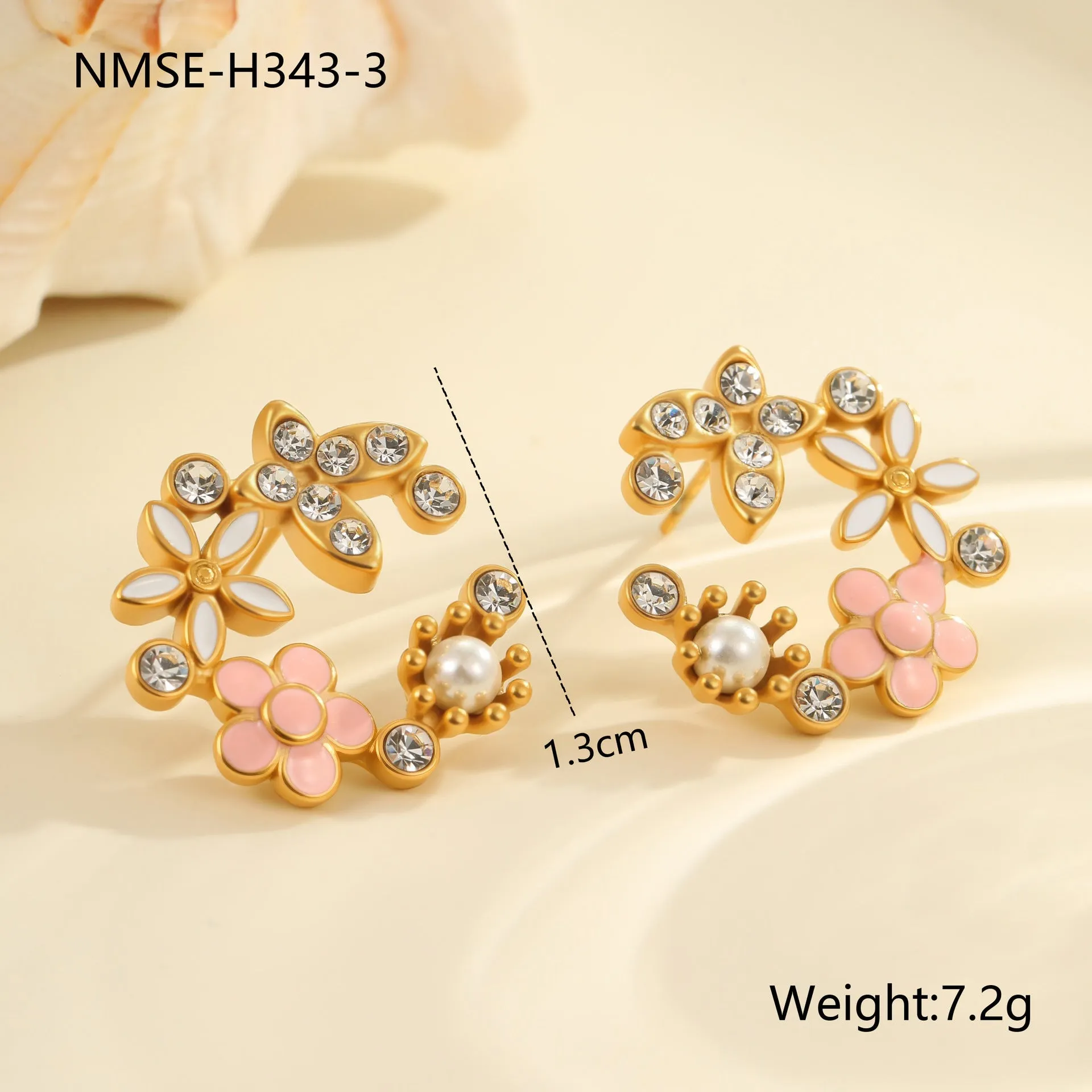 Flower petal stud earrings with colourful oil-dipped diamond look on 18K stainless steel