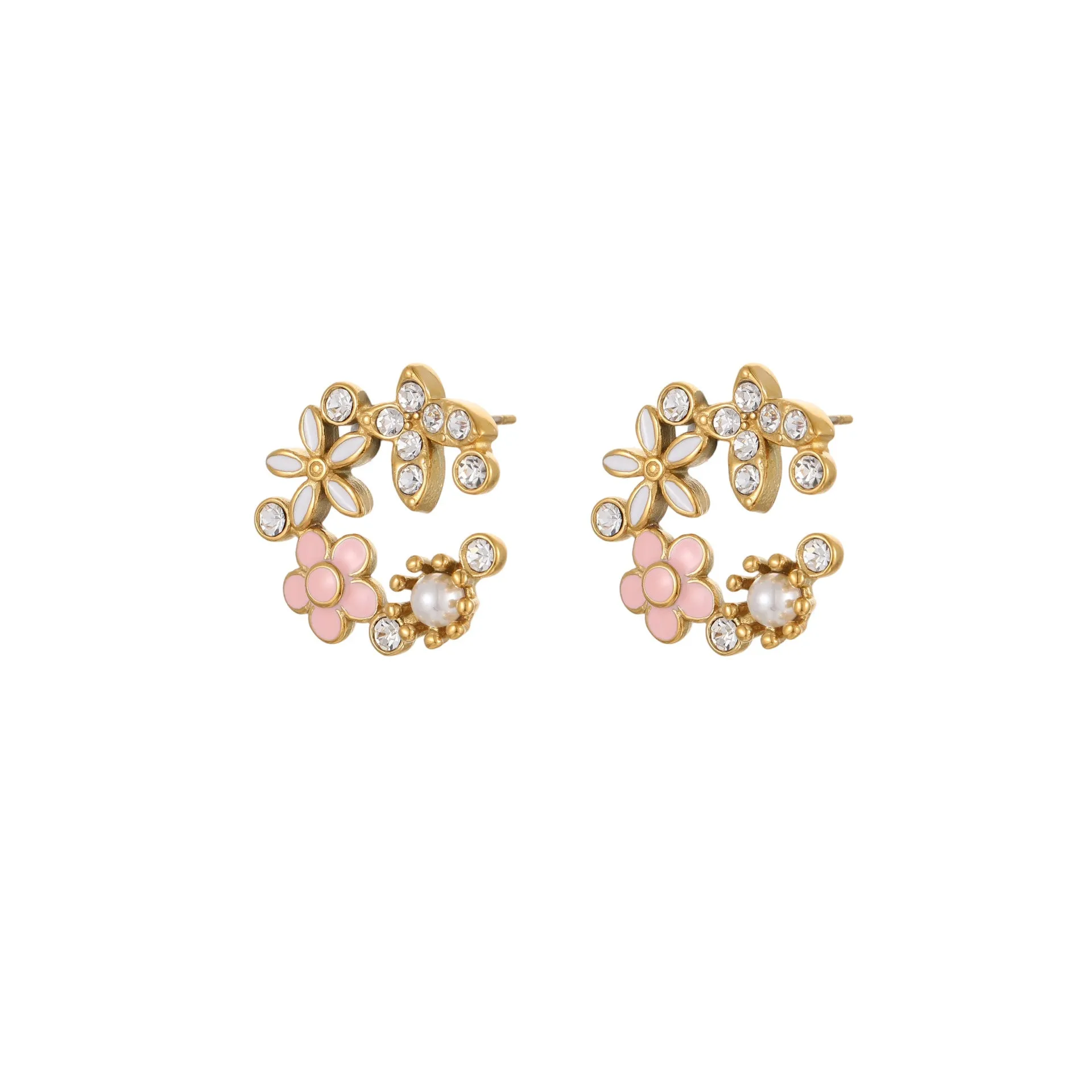 Flower petal stud earrings with colourful oil-dipped diamond look on 18K stainless steel