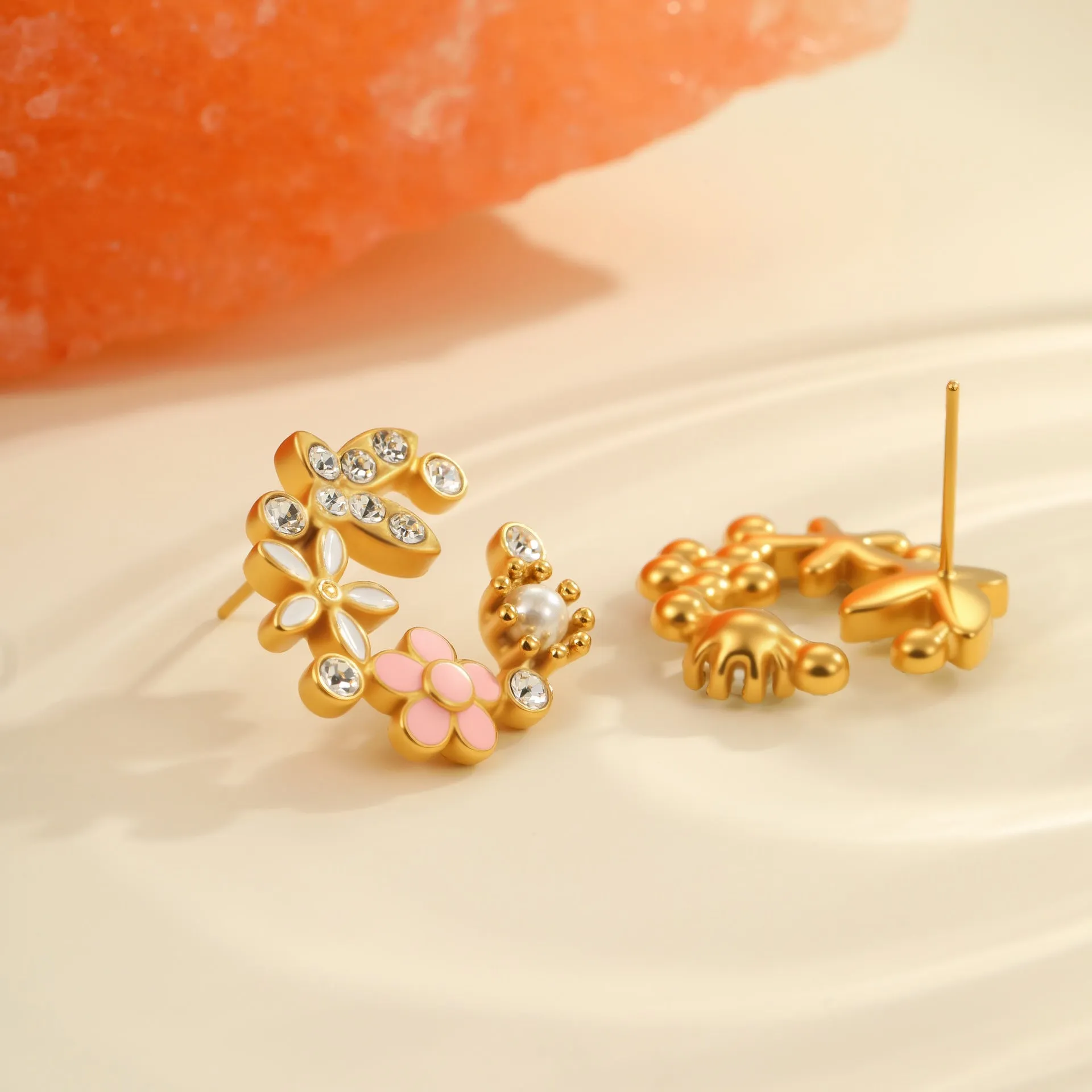 Flower petal stud earrings with colourful oil-dipped diamond look on 18K stainless steel