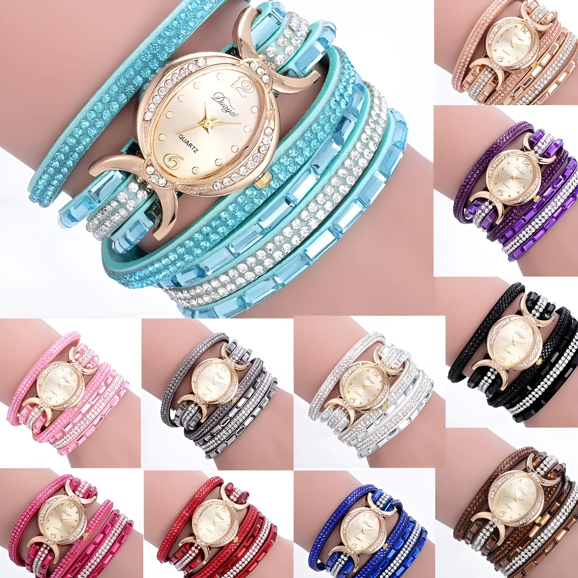 New casual rhinestone watch for women with round stainless steel case, leather band, and analog quartz movement