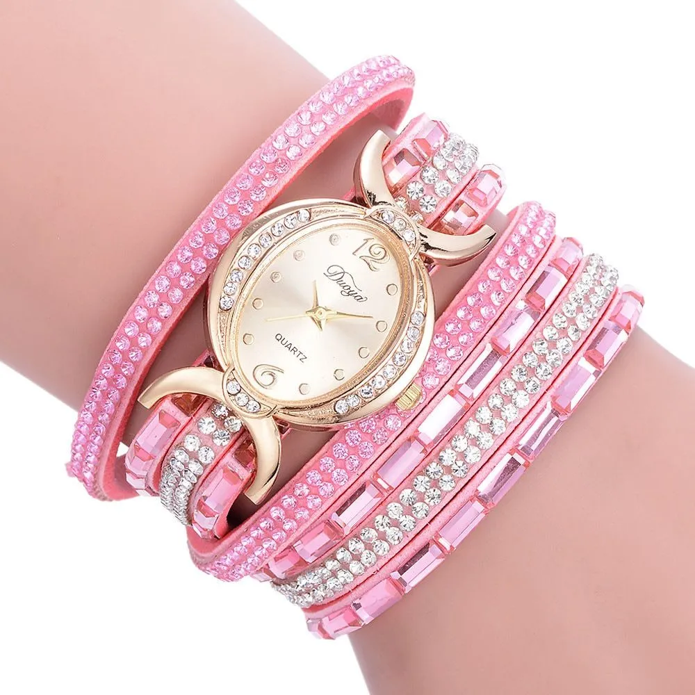 New casual rhinestone watch for women with round stainless steel case, leather band, and analog quartz movement