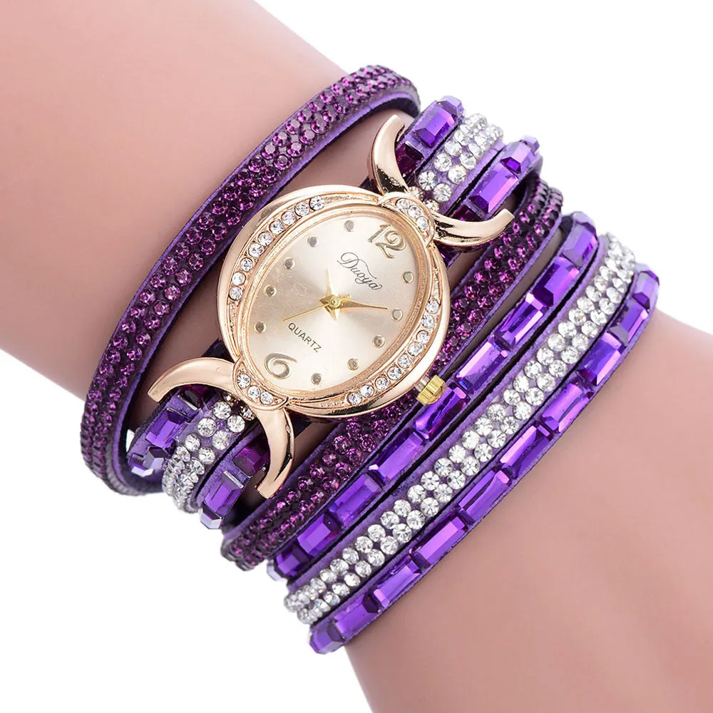 New casual rhinestone watch for women with round stainless steel case, leather band, and analog quartz movement