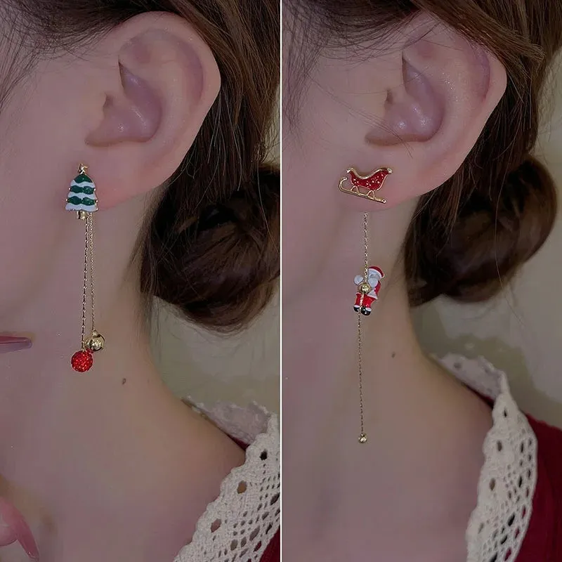 Moving Santa Claus long tassel asymmetric drop earrings for women alloy festive Christmas design