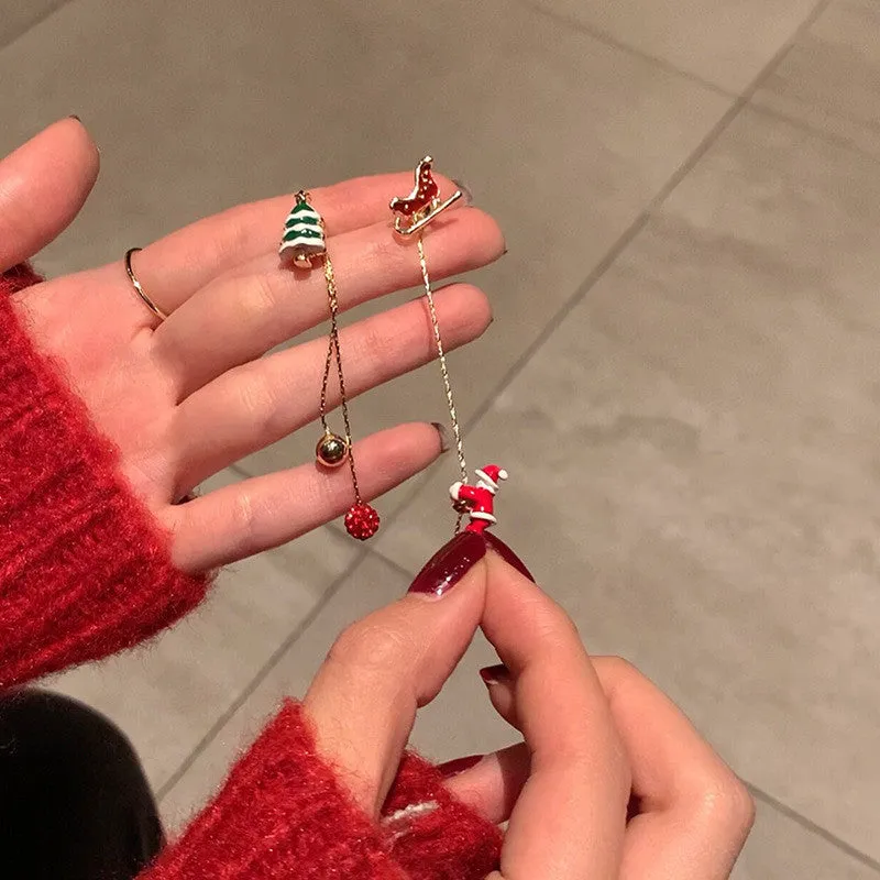 Moving Santa Claus long tassel asymmetric drop earrings for women alloy festive Christmas design