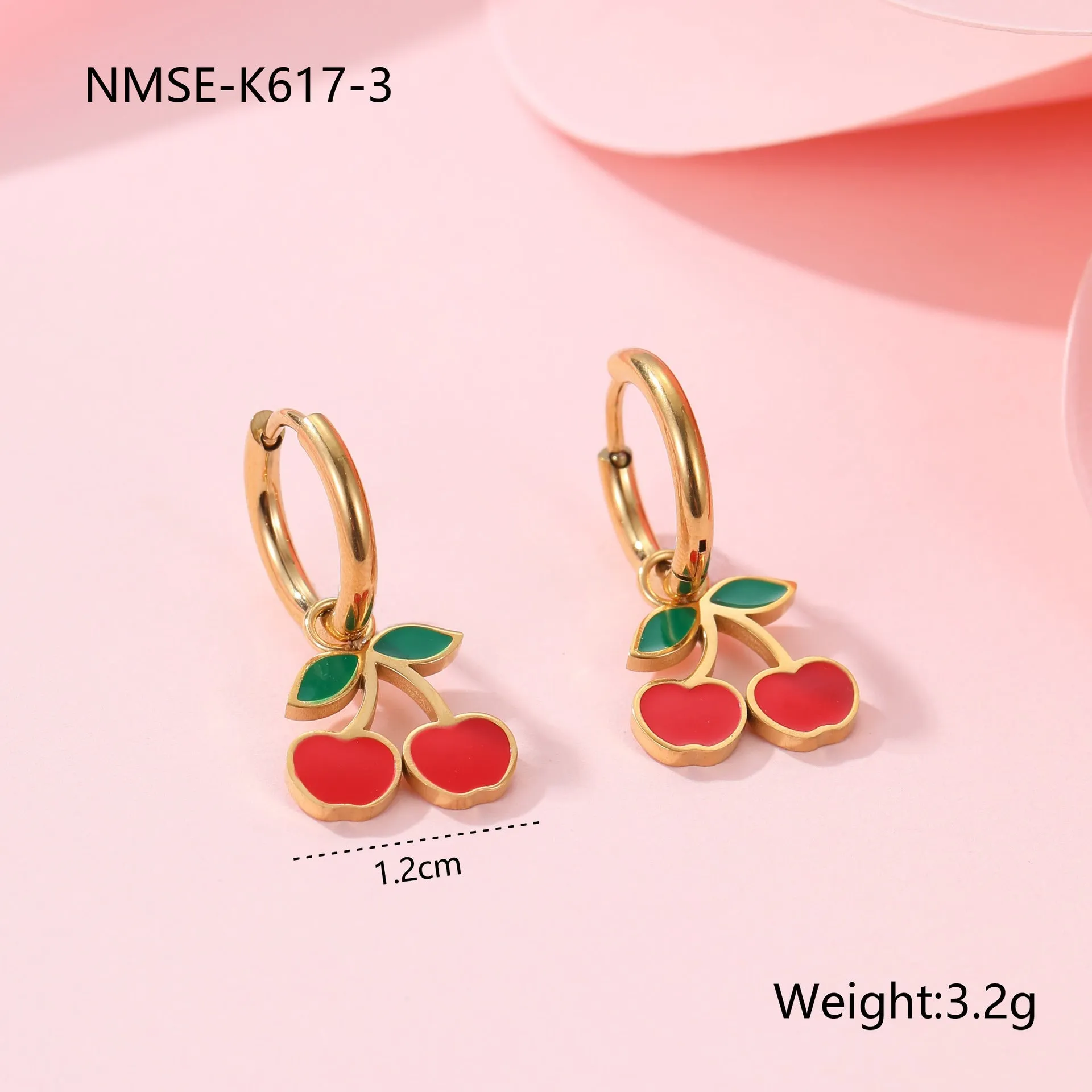 Complete cherry jewellery set with stainless steel necklace, bracelet, earrings, and ring on 18K electroplated chain.
