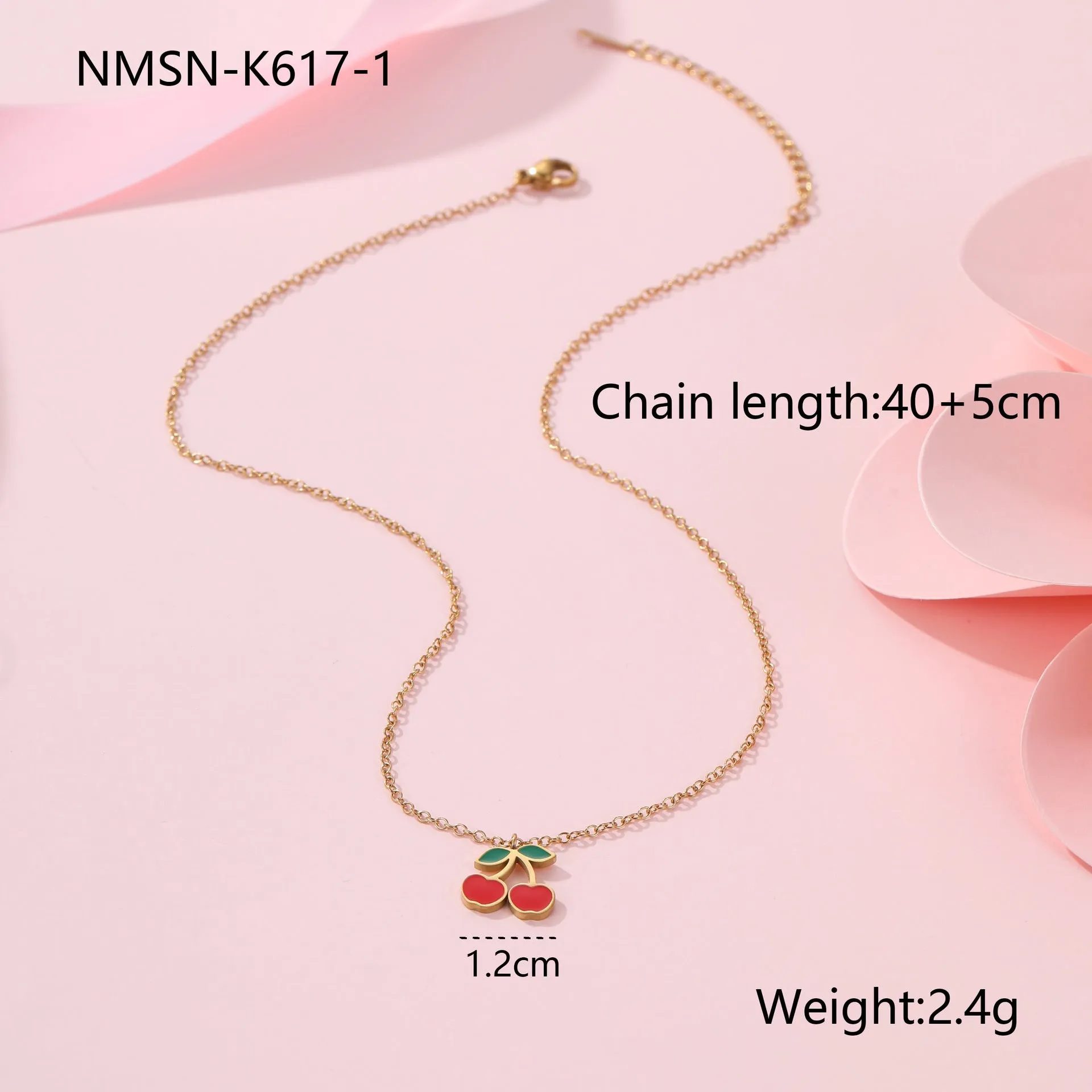 Complete cherry jewellery set with stainless steel necklace, bracelet, earrings, and ring on 18K electroplated chain.