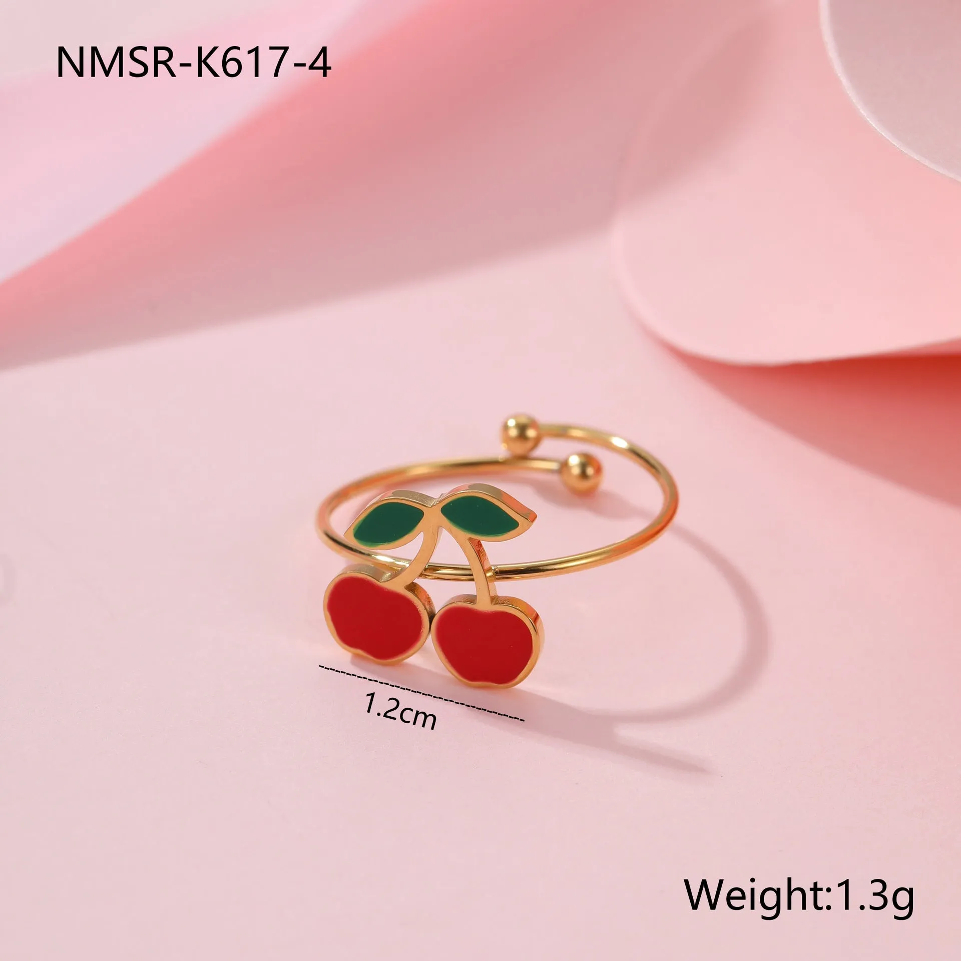 Complete cherry jewellery set with stainless steel necklace, bracelet, earrings, and ring on 18K electroplated chain.