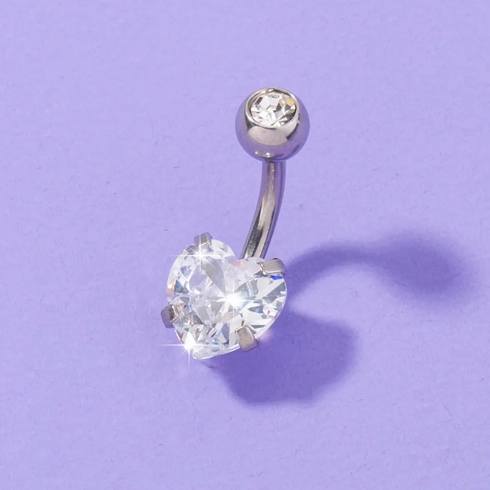 Stainless steel heart-shaped zircon navel pin, 0.8 cm wide and 1.8 cm tall, on white background