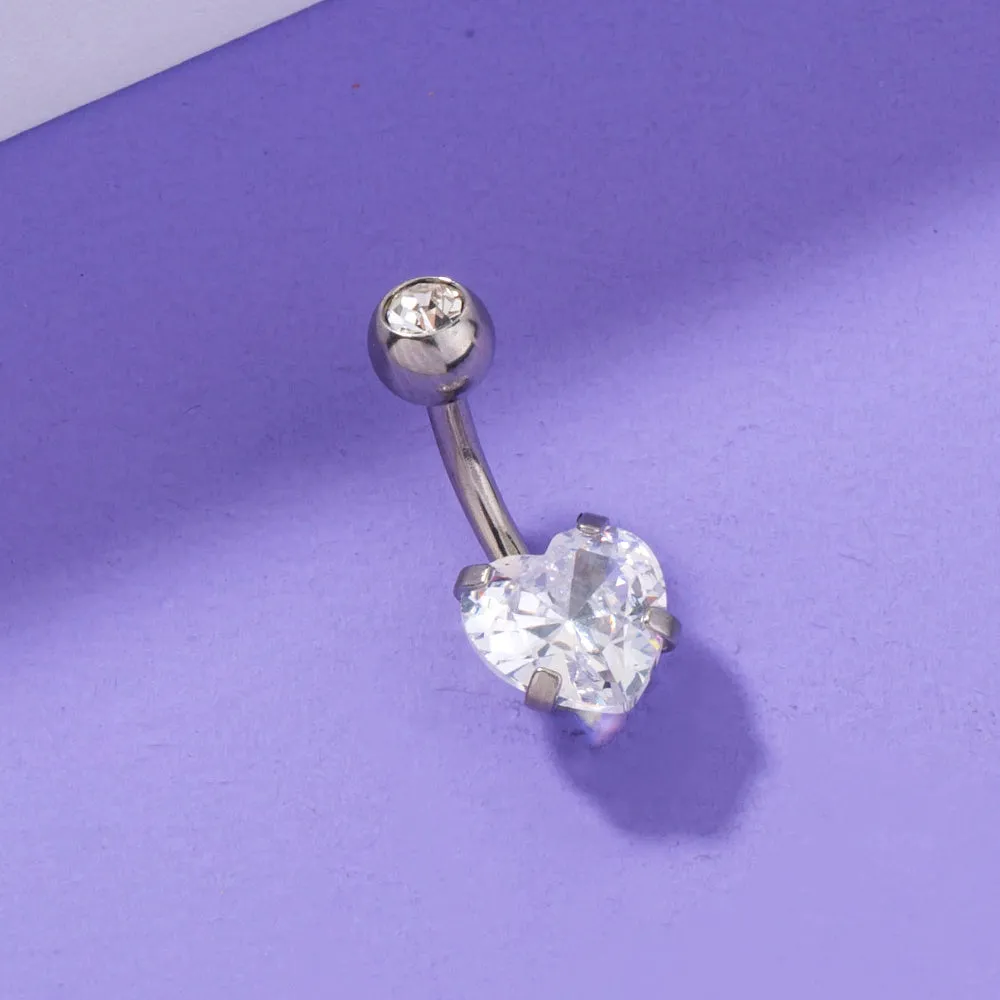 Stainless steel heart-shaped zircon navel pin, 0.8 cm wide and 1.8 cm tall, on white background