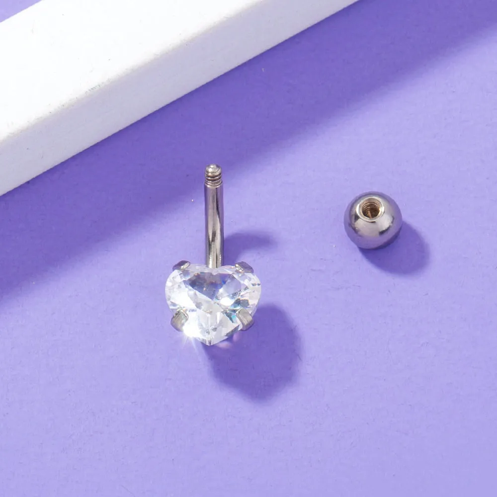Stainless steel heart-shaped zircon navel pin, 0.8 cm wide and 1.8 cm tall, on white background