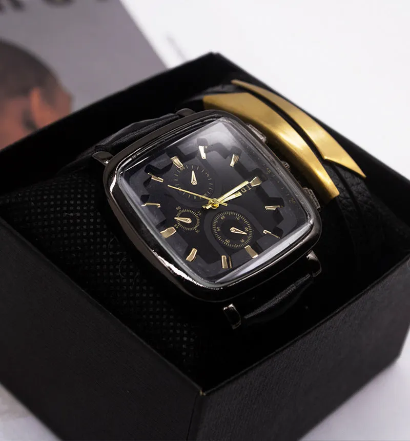 Men's black quartz watch set with imitation leather strap and pin buckle in two-piece box
