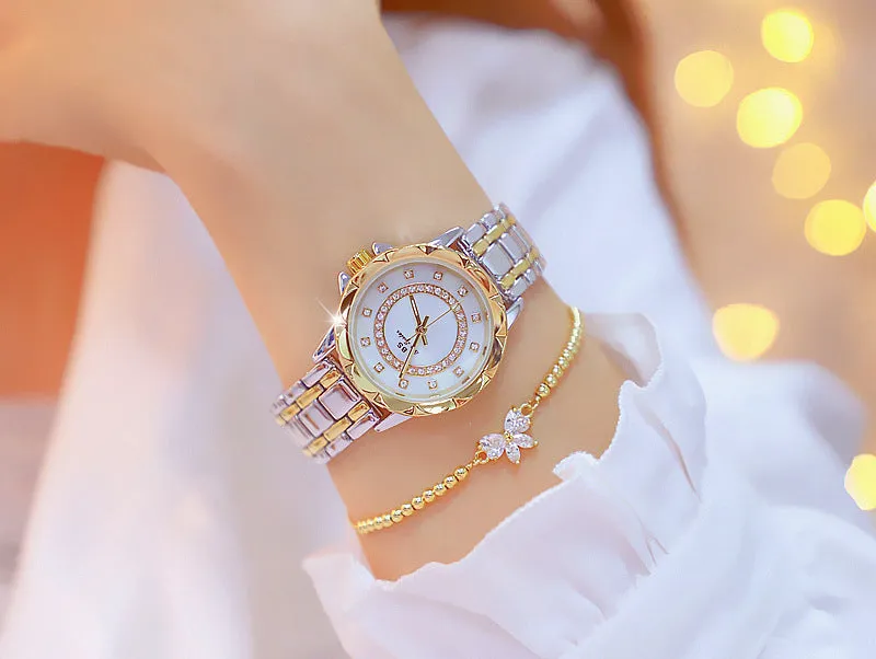 Women's diamond-set quartz wristwatch round alloy case 32mm gold finish mineral glass