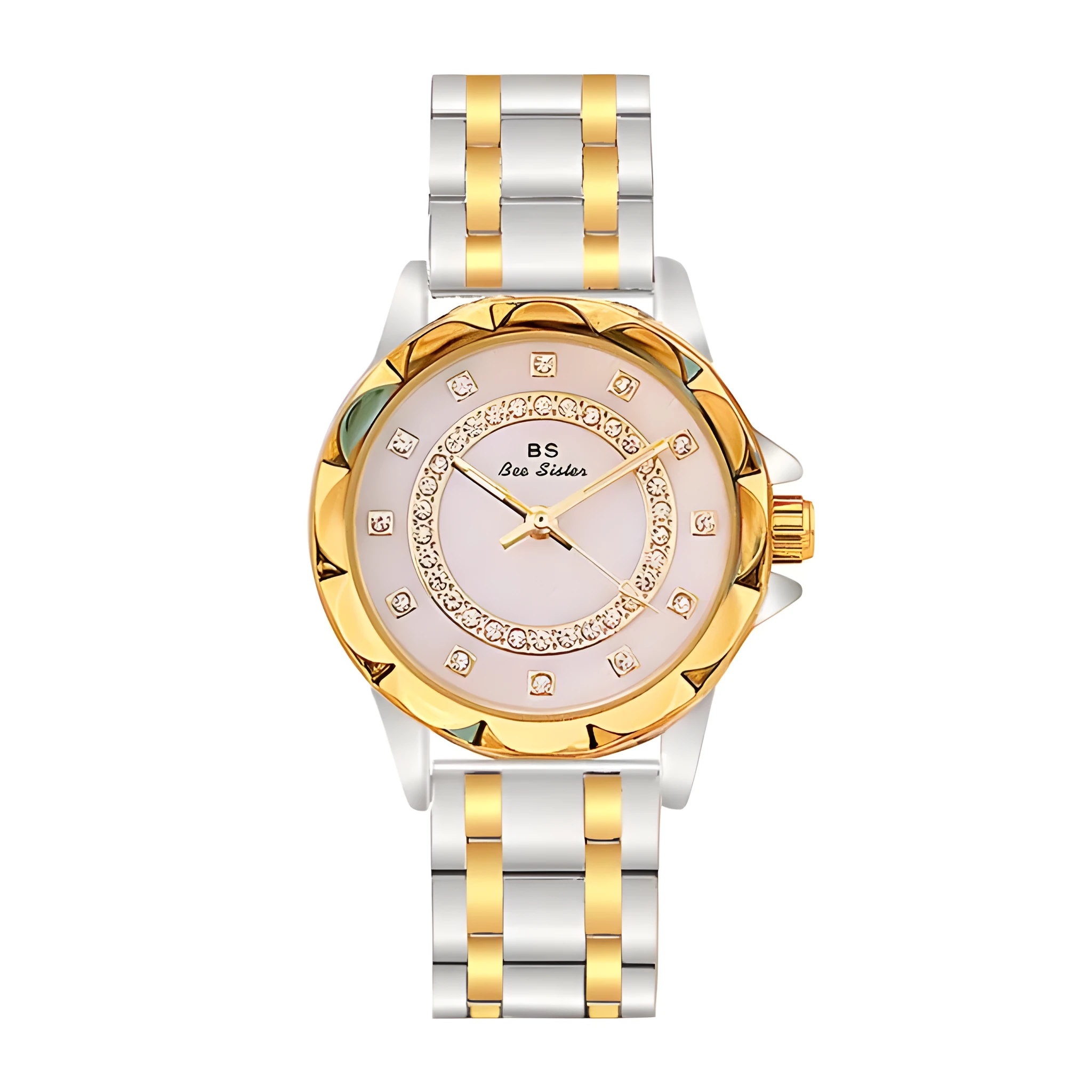Women's diamond-set quartz wristwatch round alloy case 32mm gold finish mineral glass
