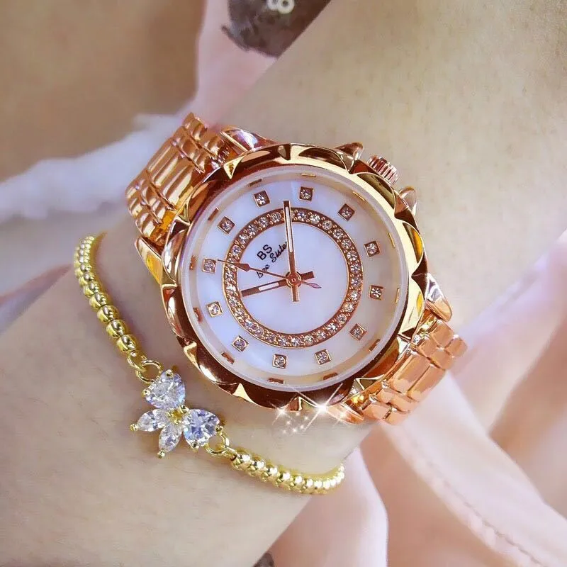 Women's diamond-set quartz wristwatch round alloy case 32mm gold finish mineral glass