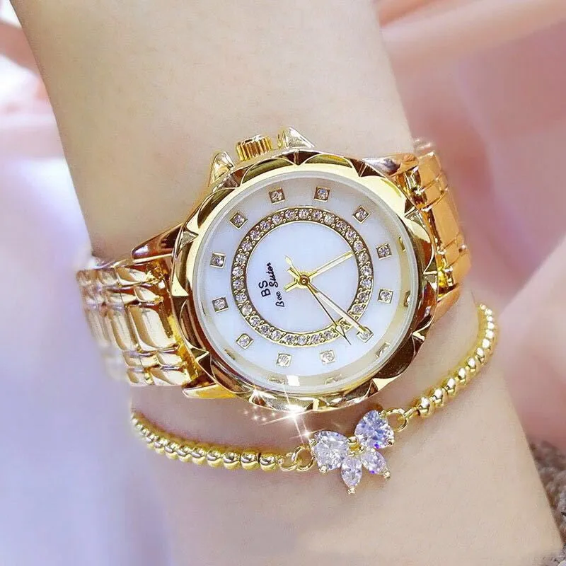 Women's diamond-set quartz wristwatch round alloy case 32mm gold finish mineral glass