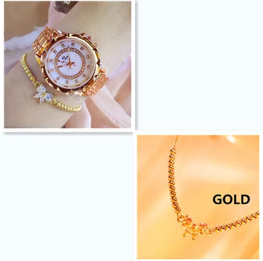 Women's diamond-set quartz wristwatch round alloy case 32mm gold finish mineral glass