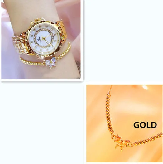 Women's diamond-set quartz wristwatch round alloy case 32mm gold finish mineral glass