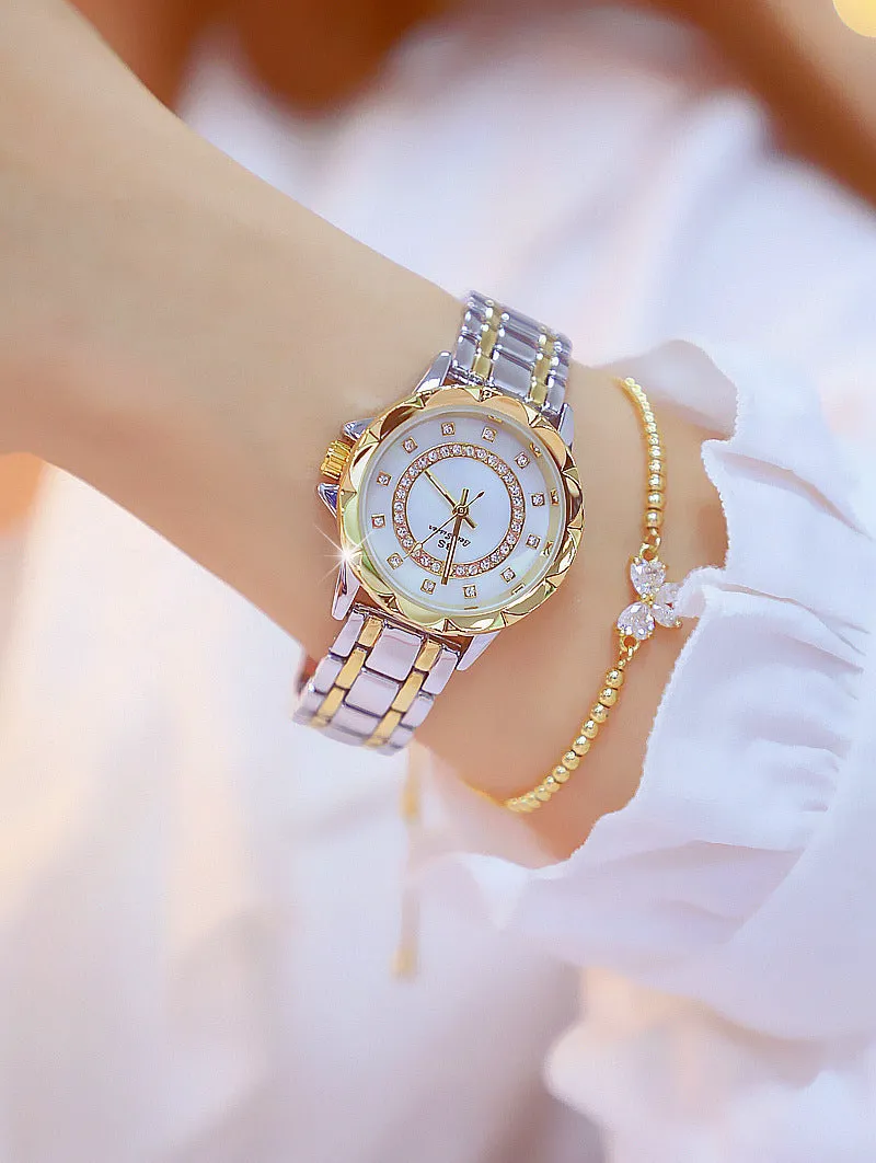 Women's diamond-set quartz wristwatch round alloy case 32mm gold finish mineral glass