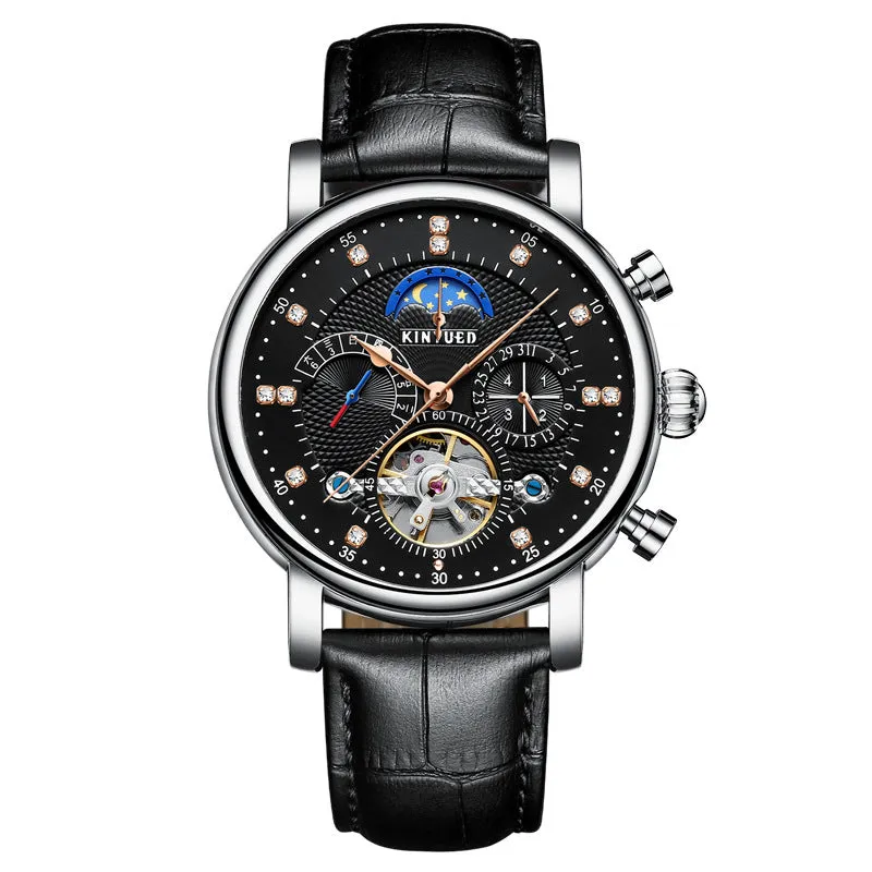 Men's automatic hollow dial mechanical watch with leather strap and stainless steel buckle, black silver colour