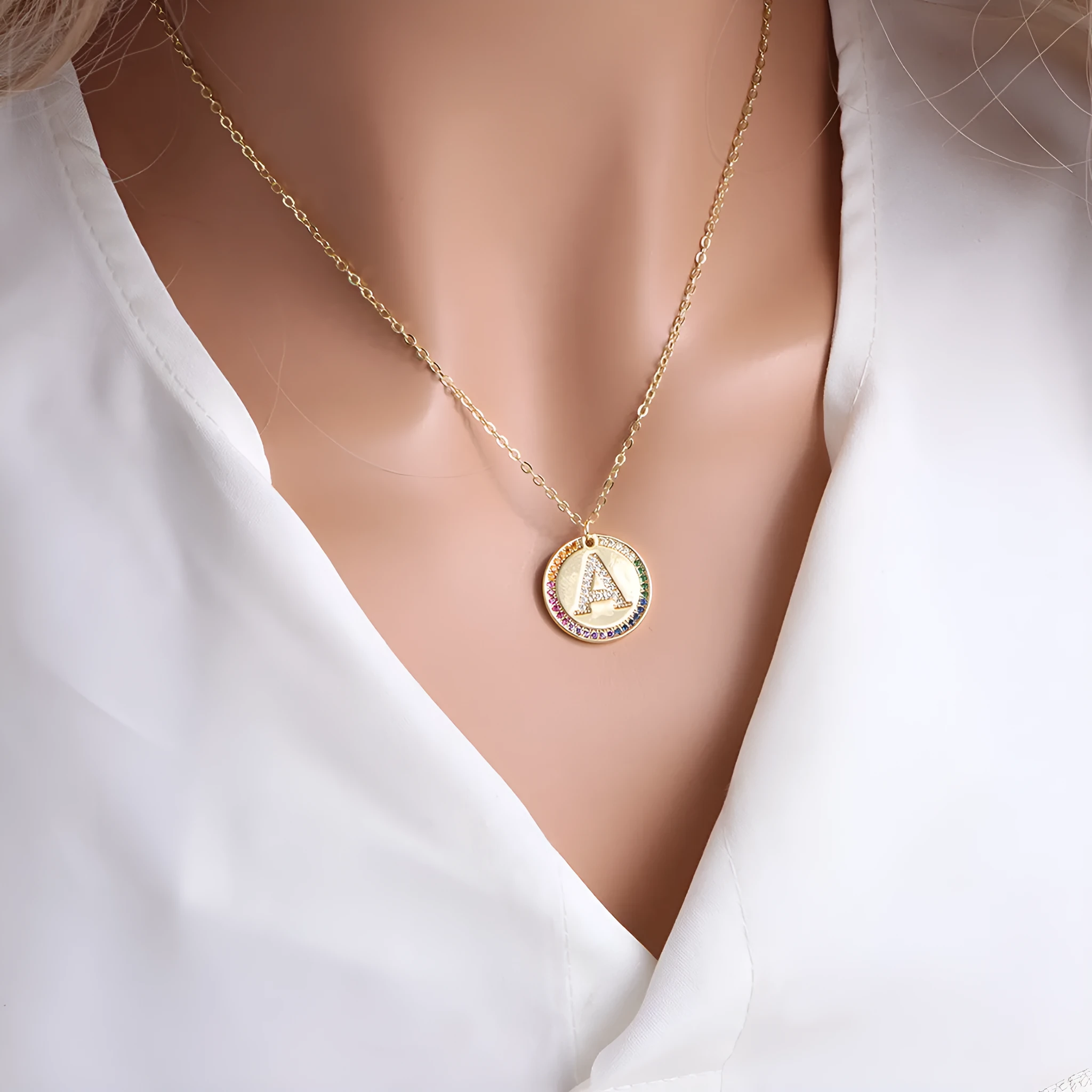 Gold English letter round pendant necklace with colourful crystals on clavicle length chain