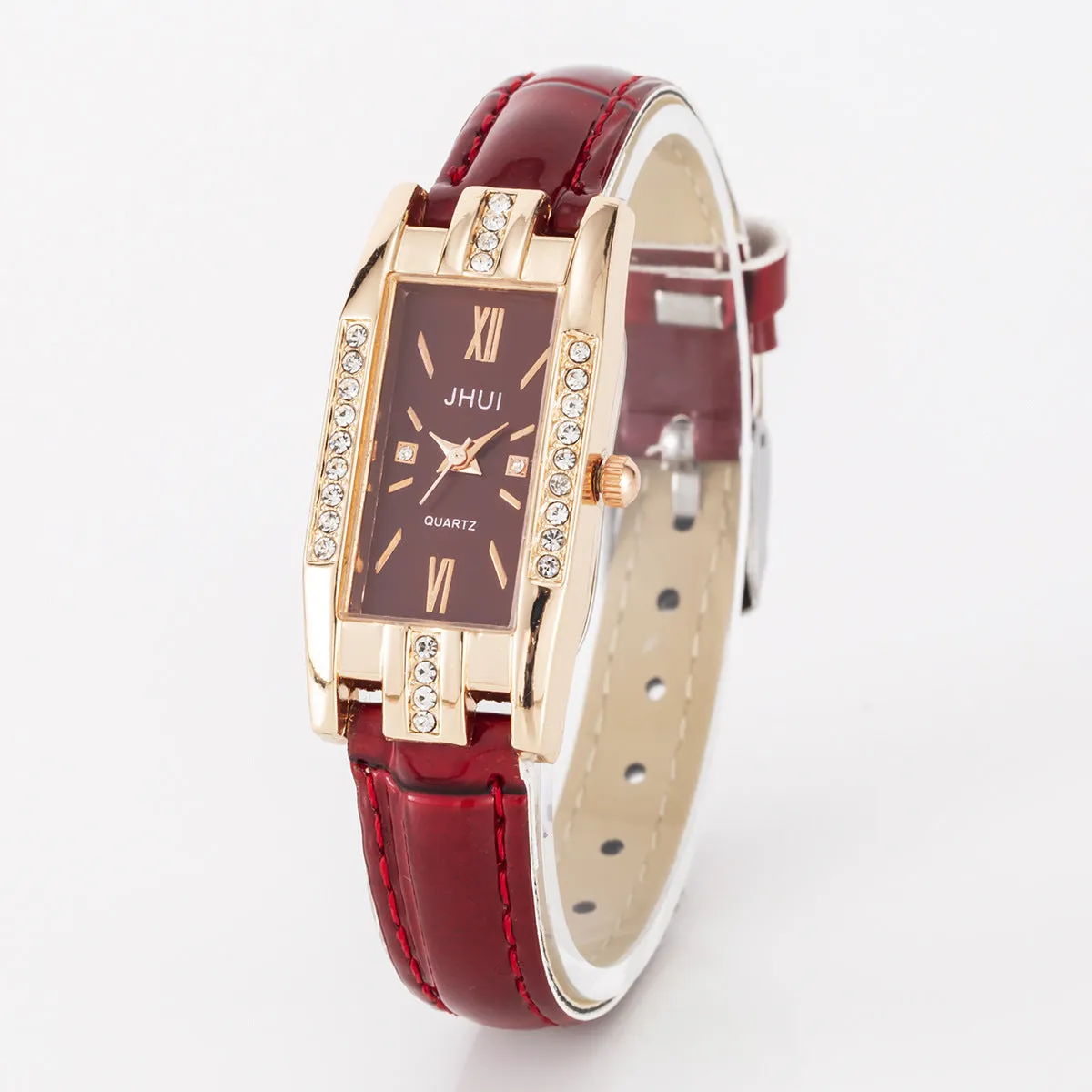 Women's rectangular quartz watch with small diamond on red PU strap, alloy case