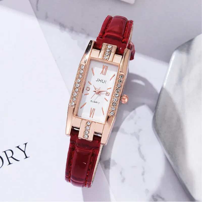 Women's rectangular quartz watch with small diamond on red PU strap, alloy case