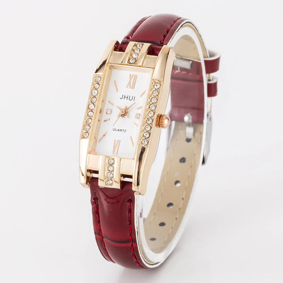 Women's rectangular quartz watch with small diamond on red PU strap, alloy case