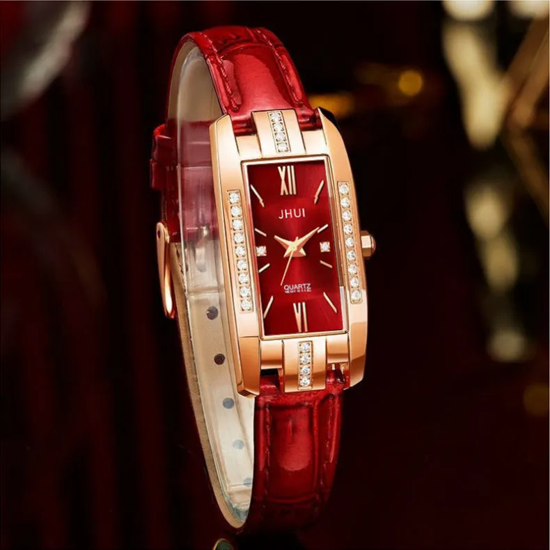 Women's rectangular quartz watch with small diamond on red PU strap, alloy case