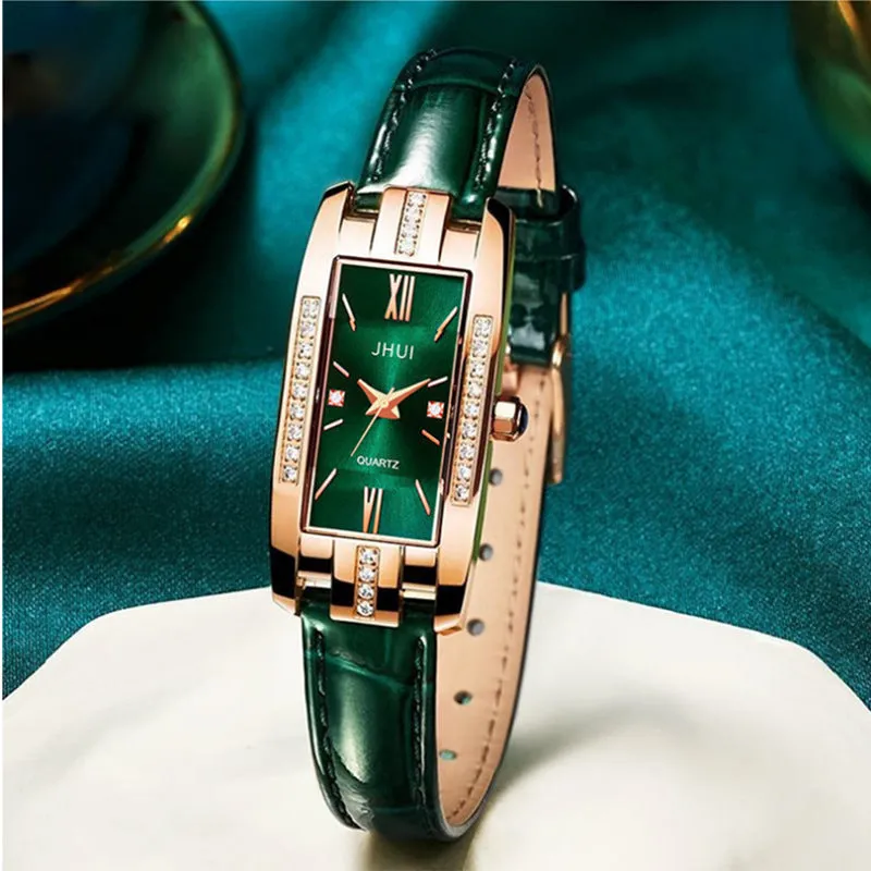 Women's rectangular quartz watch with small diamond on red PU strap, alloy case