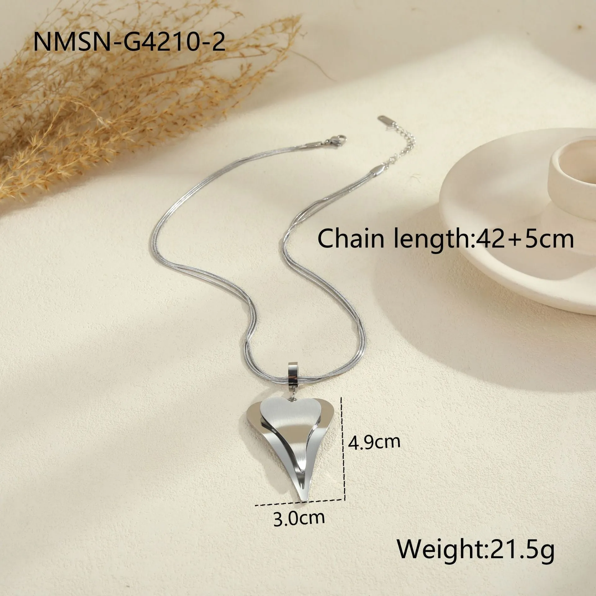 Stainless steel women's necklace with geometric double heart pendant on snake bones chain