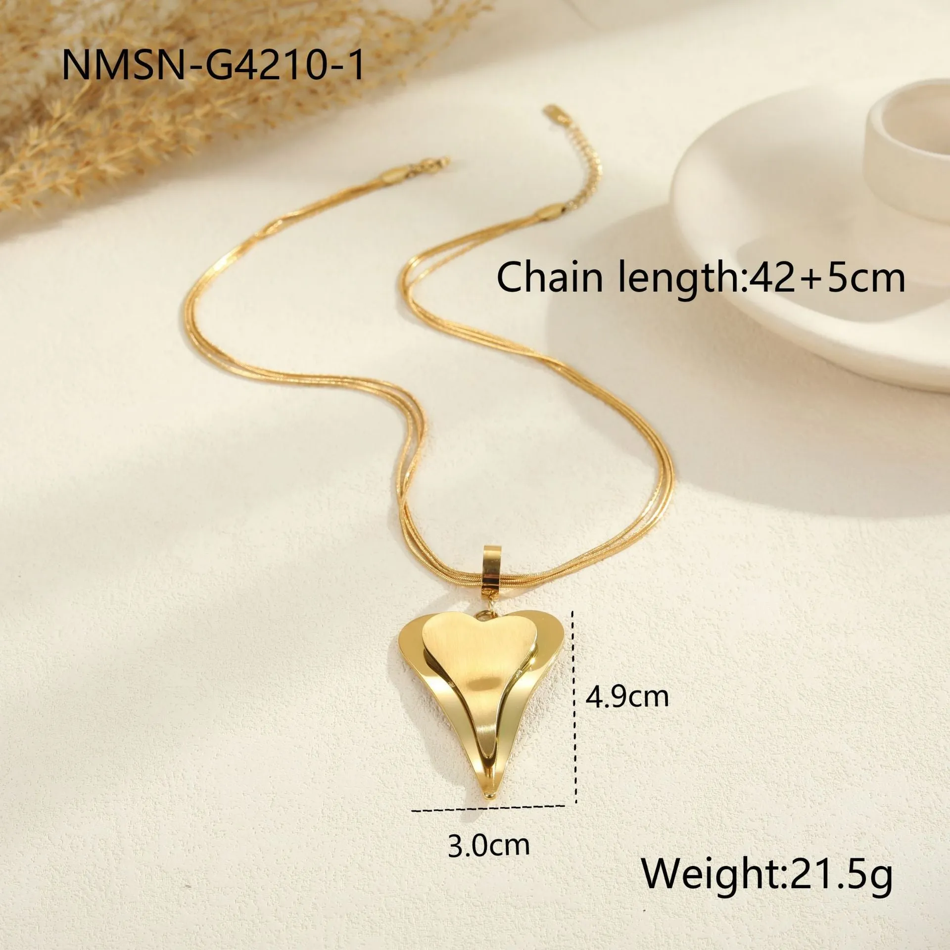 Stainless steel women's necklace with geometric double heart pendant on snake bones chain