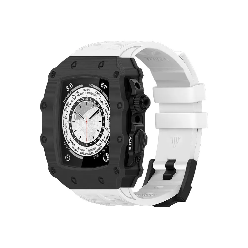 Carbon fiber shell strap for iWatch 45/44mm with rose gold buckle and white clip style