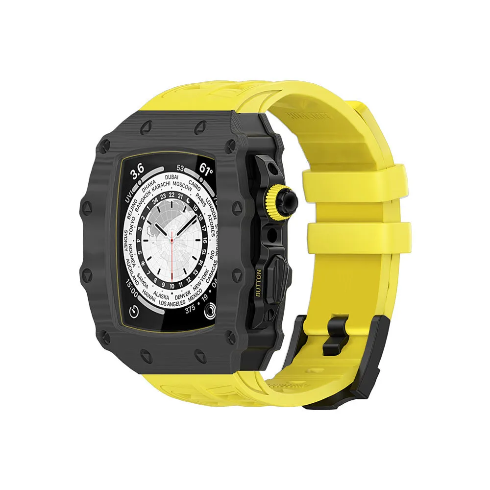 Carbon fiber shell strap for iWatch 45/44mm with rose gold buckle and white clip style
