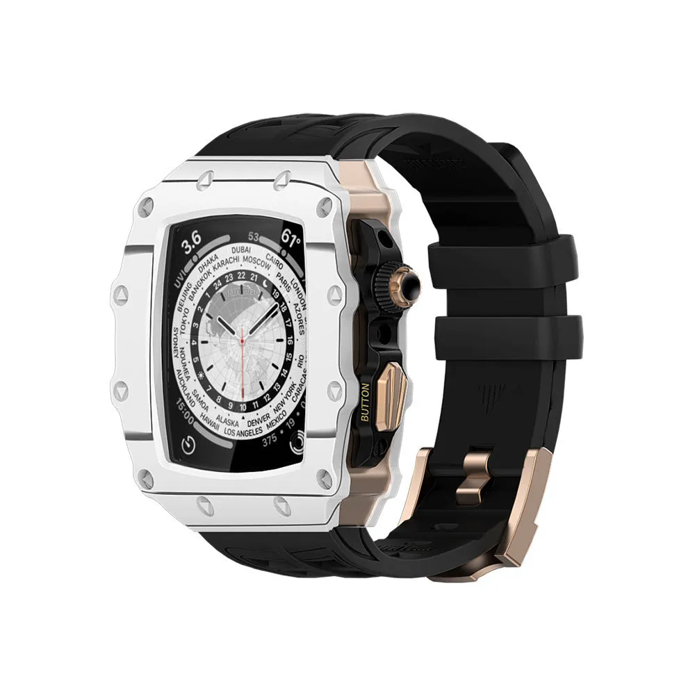 Carbon fiber shell strap for iWatch 45/44mm with rose gold buckle and white clip style