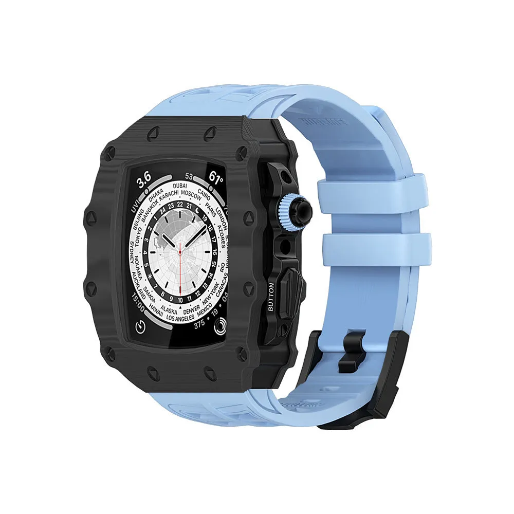 Carbon fiber shell strap for iWatch 45/44mm with rose gold buckle and white clip style