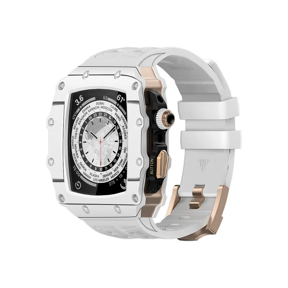 Carbon fiber shell strap for iWatch 45/44mm with rose gold buckle and white clip style