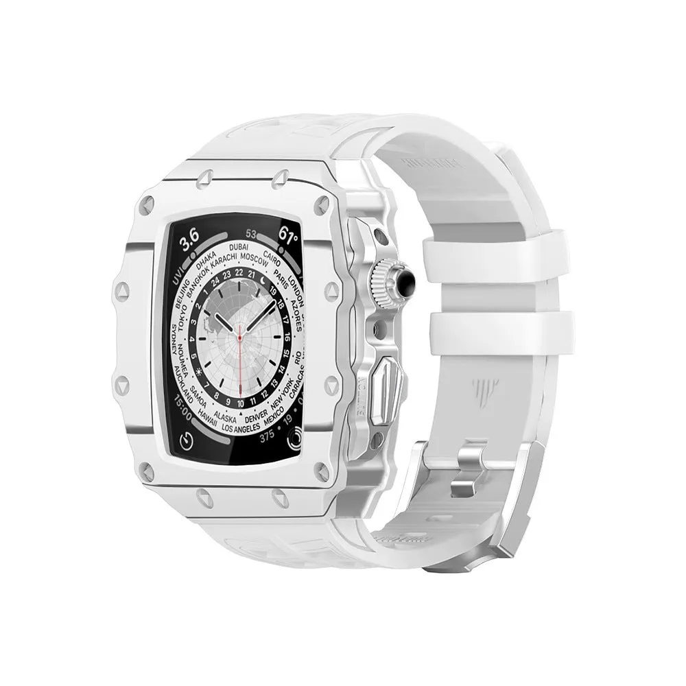 Carbon fiber shell strap for iWatch 45/44mm with rose gold buckle and white clip style