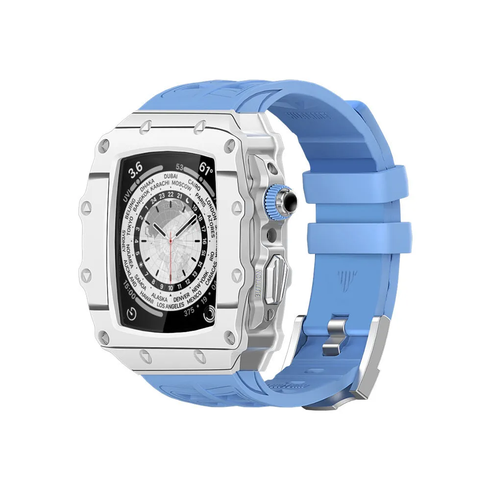 Carbon fiber shell strap for iWatch 45/44mm with rose gold buckle and white clip style