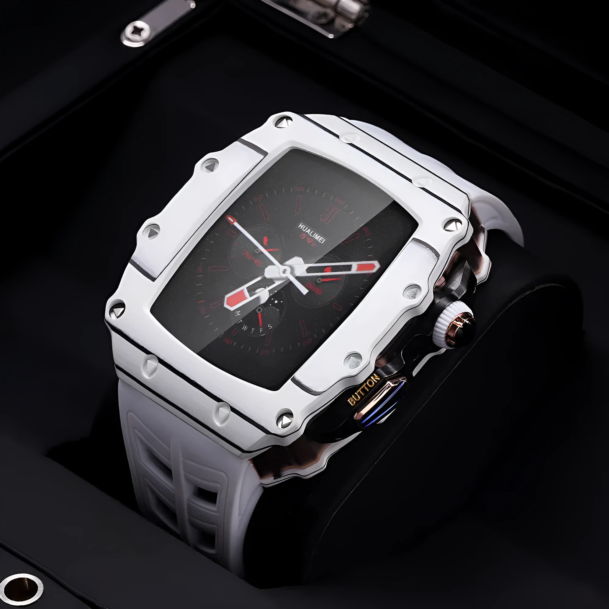 Carbon fiber shell strap for iWatch 45/44mm with rose gold buckle and white clip style